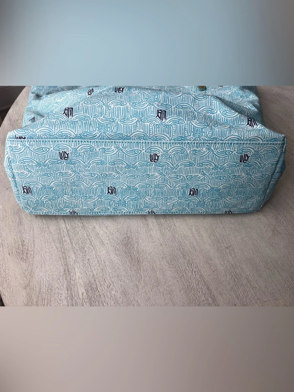 Lilly Pulitzer Shorely Blue Patterned Resort Tote with Gold Straps
